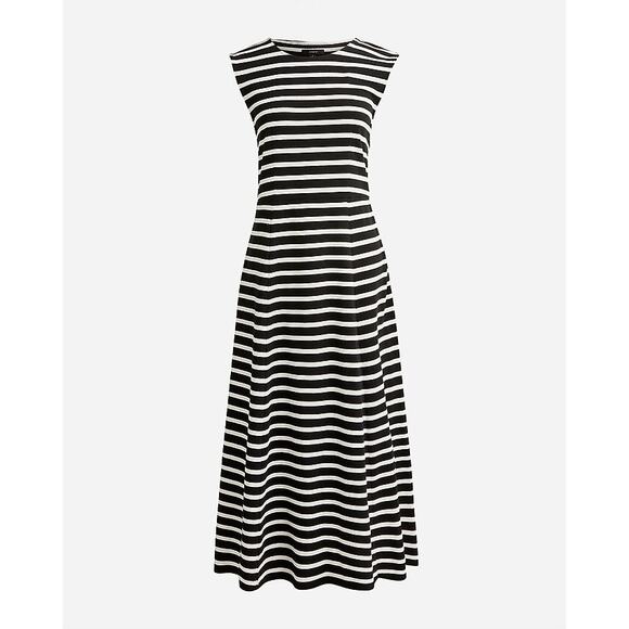 J.Crew Black White Striped Cotton Knit Cap Sleeve Midi Dress SZ XS - Picture 2 of 9